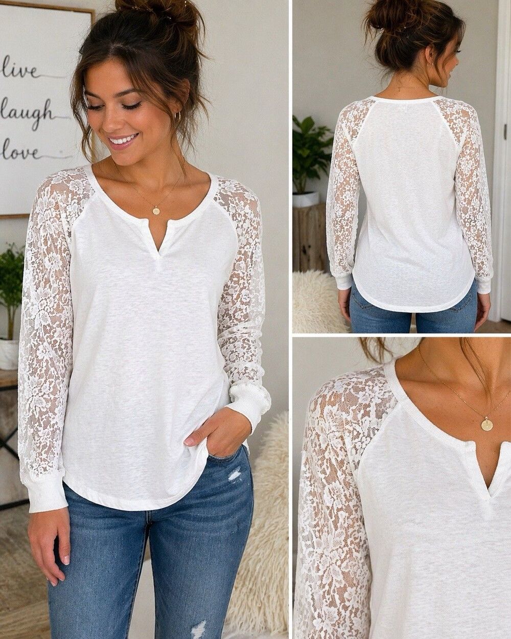 LEI Lace Sleeve Top White Junior L 11/13 Boho Stretch Tee